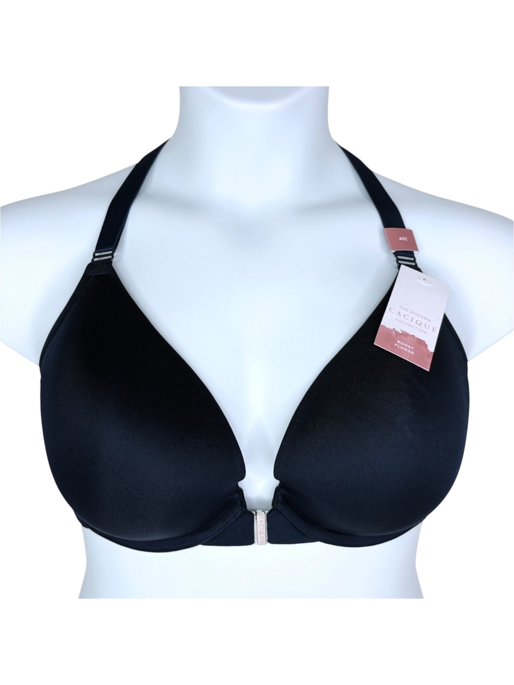NWT Cacique Boost Plunge Bra sz 40C * Front Close Racerback Navy Blue Lace Back